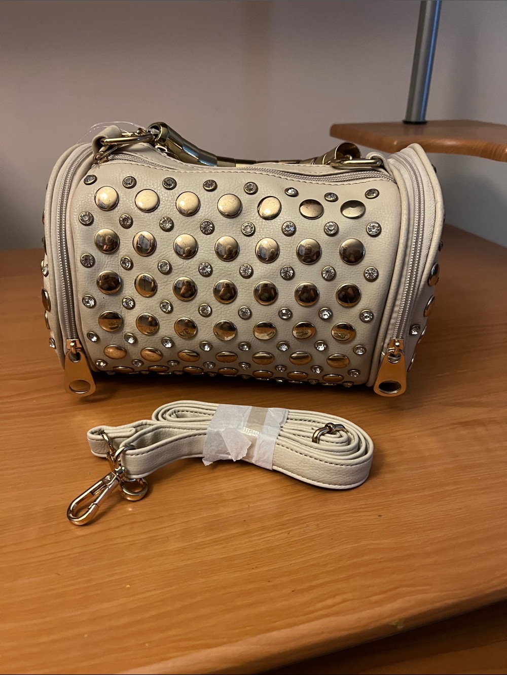 Candies Studded Taupe/Lt Grey Barrel Bag with Gold Accents 9 1/2” x 7”. NWT